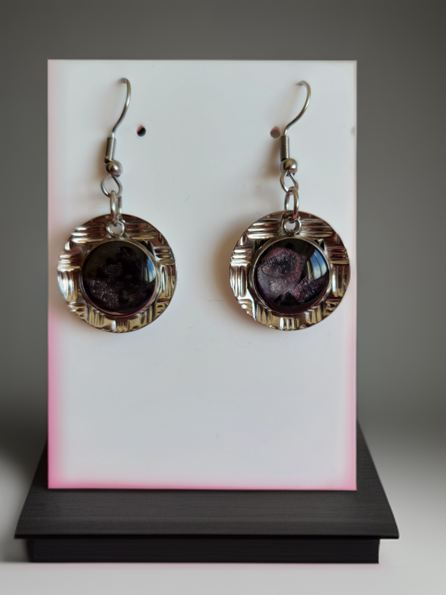 Shell Fragment & Stainless Steel Checker Plate Earrings